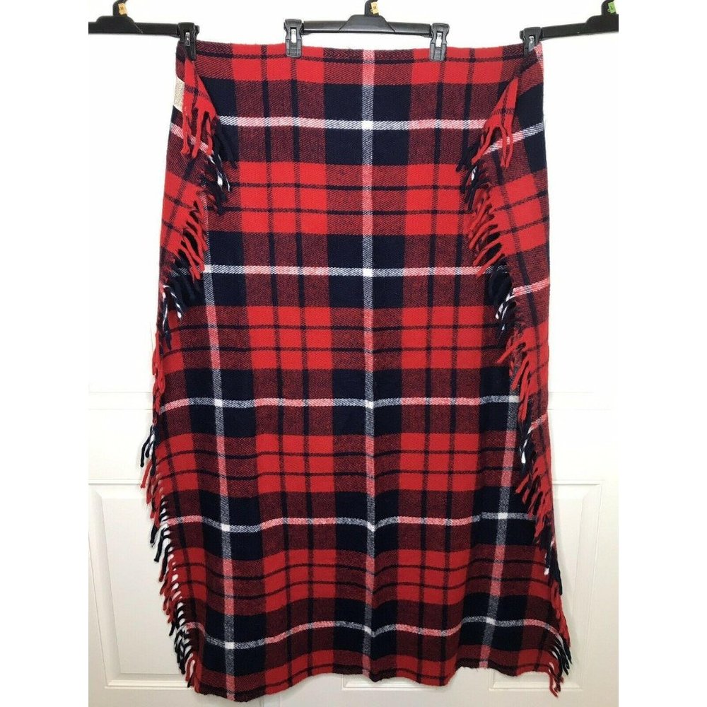 Faribault Woolen Mill Red Blue Plaid Acrylic Stadium Throw Fringe 53 x 40